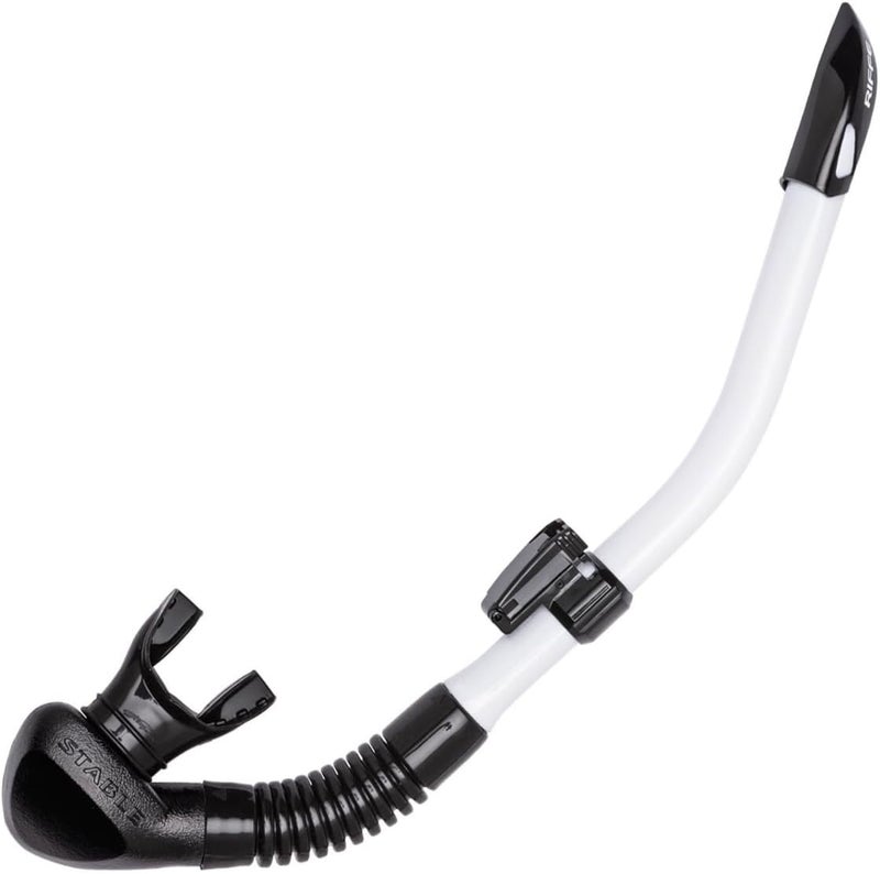 Stable Scuba Diving and Snorkeling Dry Snorkel - Low Profile & Lightweight with Flexible Folding Vinyl Tube - Shark Fin-Shape Tip Hinged Keeper & Purge Valve